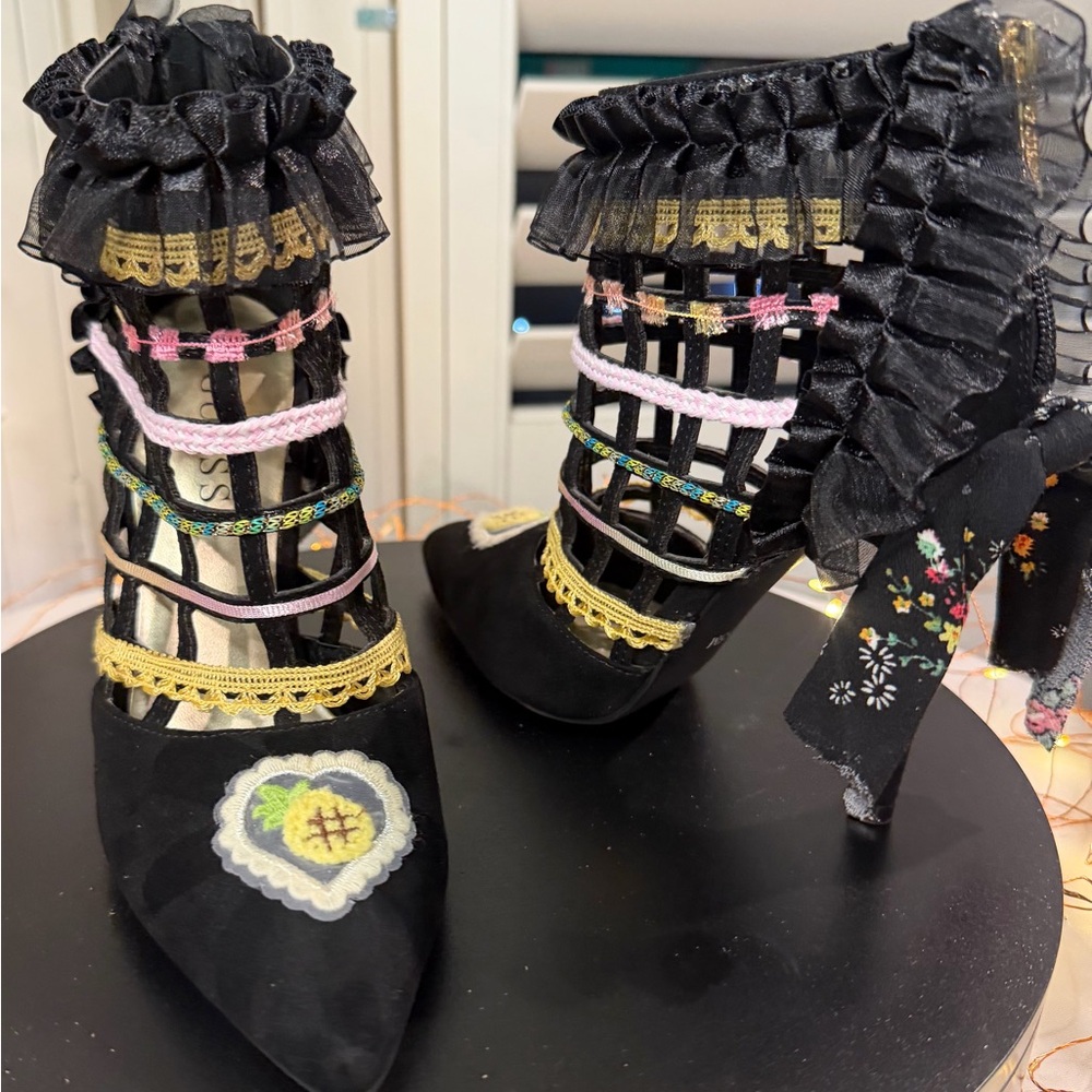Customized Strappy Statement Ruffle Bootie Heels, OOAK, sz 5.5